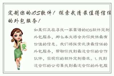 定制你的iOS软件!探索武清最值得信任的外包服务!